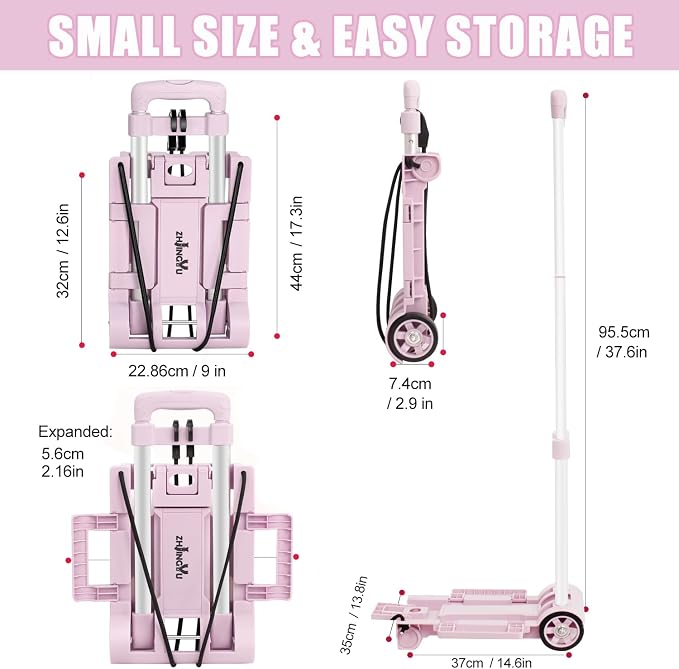 Folding Dolly Pink Hand Cart,Folding Hand Truck Aluminum Trolley | Small Dolly, Foldable Hand Cart 2 Wheel Luggage Trolley Expandable Large Chassis Foldable into Backpack Car Trunk