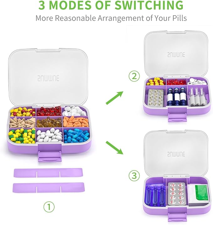 Large Pill Organizer, 9 Compartments Portable Travel Pill Box Case Moisture Proof, XL Pill Container Holder for Vitamins, Cod Liver Oil, Supplements, Medication (Purple)