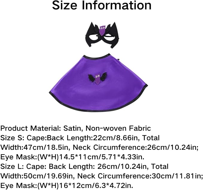 2PCS Halloween Costume Set for Pet Rabbits, Satin Wizard Cape, Adjustable Bat Mask, Holiday Costumes for Small Pets, Photo Prop Set (Small)
