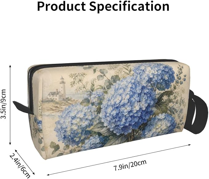Blue Hydrangea Bloom Makeup Bag for Women | Small Travel Cosmetic Pouch with Zipper, Compact Makeup Organizer Bag for Purse, Toiletries, Skincare & Daily Essentials