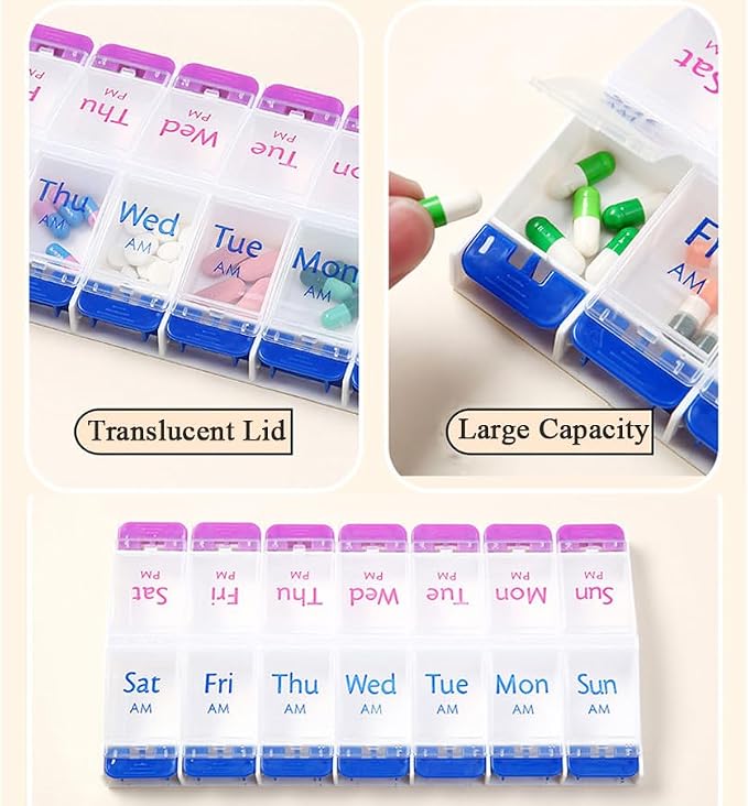 Daily Pill Case Organizer, 7-Day Weekly Medicine Planner Organizer | AM PM, Large Tray 14-Compartment Meds Box Container Pill Holder for Medication, Vitamin, Supplement, Fish Oil, Purple + Blue