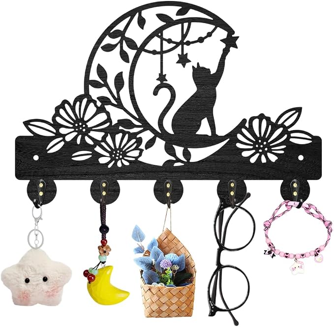 MAYJOYDIY Cat Moon Flower Coat Rack Wall Mount Black Animal Wood Key Hanger | 11.8×7.9In Wood Mounted Hanger, Full Screw Anchor Spacer Screwdriver Kit, Sturdy 5 Alloy Hooks, Decorate Hallway Kitchen Wall