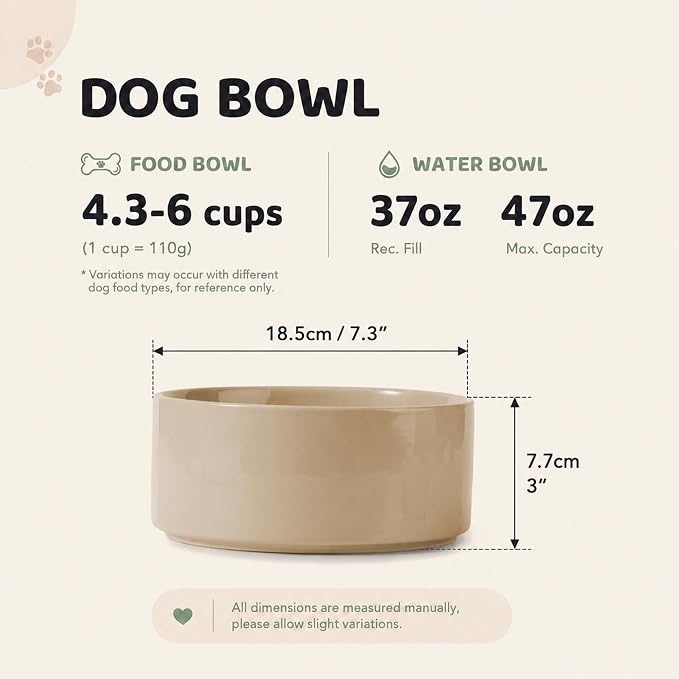 Havniva Ceramic Dog Bowls, Dog Food and Water Bowl Set, Dog Water Bowl | 7.3” Ceramic Dog Food Bowls with Non-Slip Rubber Base, Large Capacity, Dog Feeding Bowls for Medium Dogs