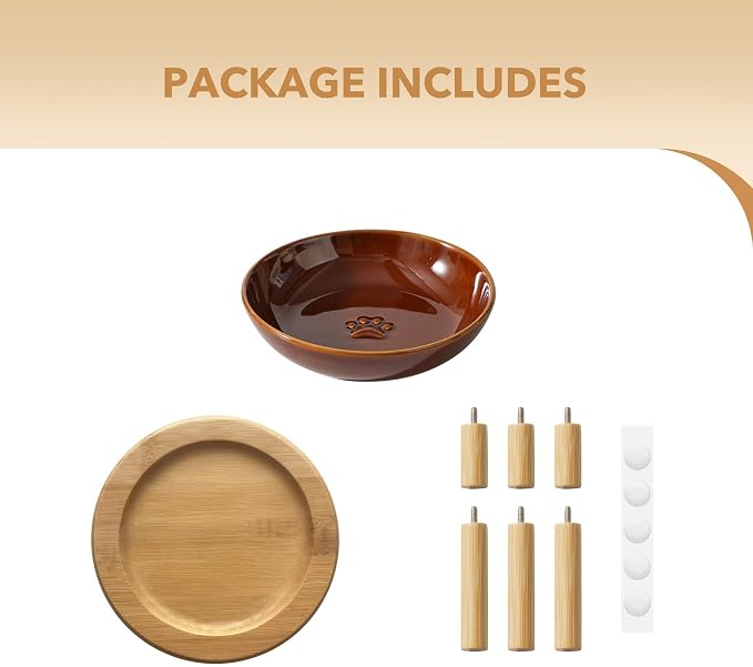 Havniva Elevated Cat Bowls, Ceramic Cat Bowl with Bamboo Stand Wide Opening | 5.7” Raised Cat Food Bowls, Whisker Friendly Cat Dish, Anti-Slip Cat Water Bowls, Shallow Cat Bowls, Cat Food & Water Bowl