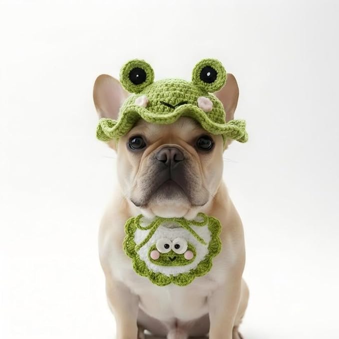 Handmade Knit Dog Costume – Adjustable Cute Frog Dog Hat & Collar for Cats and Small to Medium Dogs, Perfect for Birthday, Holiday, Daily Wear & Photoshoots
