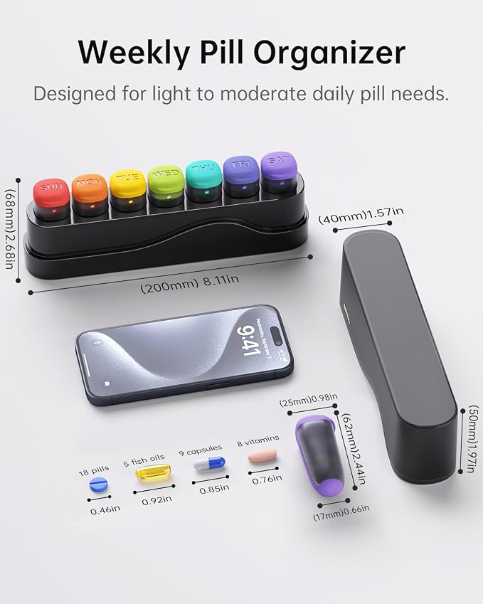 KOVIUU Weekly Pill Organizer 1 Time a Day, Detachable Pill Box 7 Day, Black | Travel Pill Case | Once Daily Medication Dispenser | Week Pill Holder Container for Vitamin, Medicine, Supplement | BPA-Free