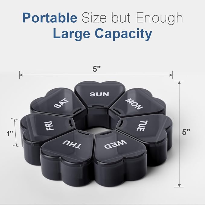 Large Weekly Pill Organizer, Pill Box 7 Day, KAPENS Daily Vitamin Case Large Capacity Compartments, Pill Containers for Fish Oil Medicine Supplements, Black