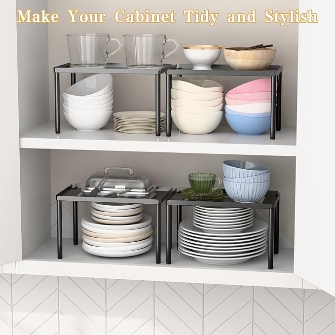 Cabinet Organizer Shelf, 2 Tier Kitchen Cabinet Organizer with Stackable Cabinet Shelves for Kitchen Countertop Storage, Metal Kitchen Shelf Organizer for Spice, Pantry & Under Sink