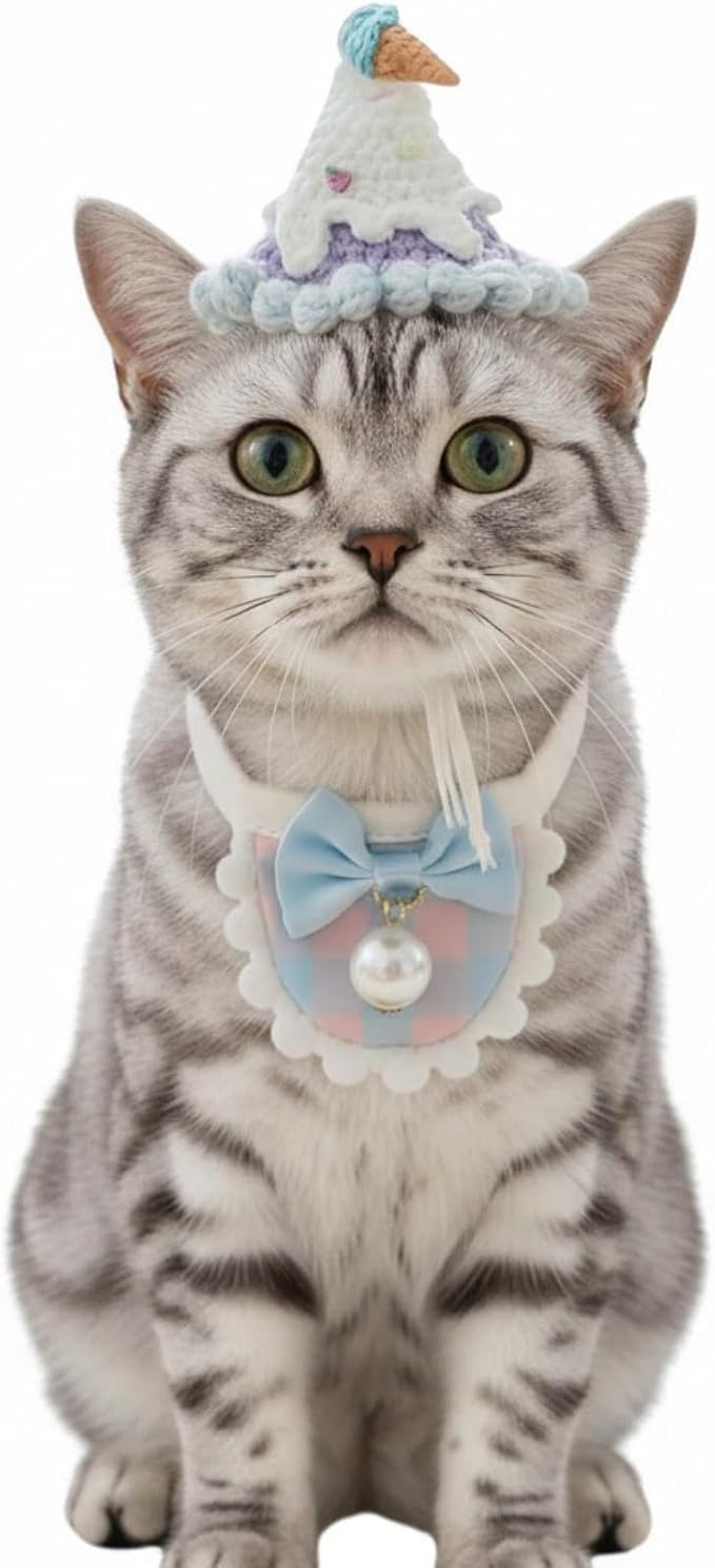 Handmade Dog Outfit – Adjustable Birthday Cat Hat & Silk Dog Scarf with Pearl Pendant for Cats,Small & Medium Dogs, Cute Accessory for Cat Birthday, Holiday, Daily Wear & Photos