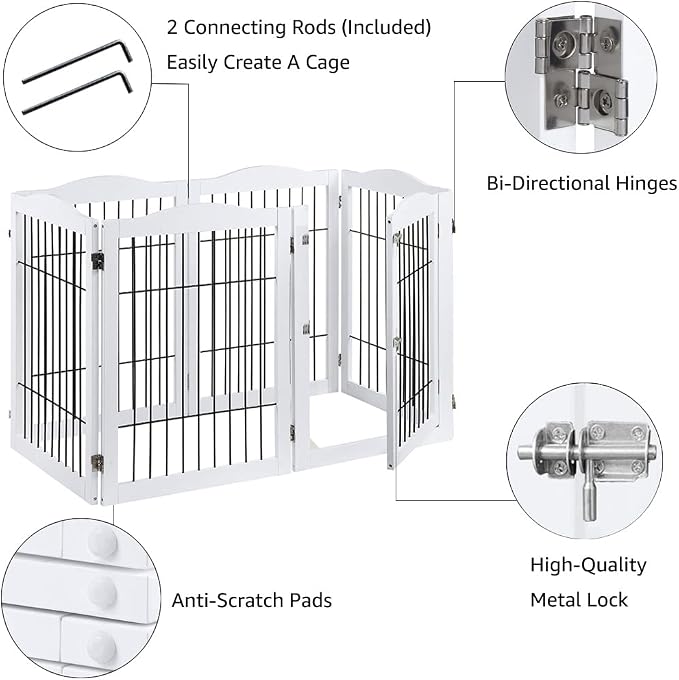 beeNbkks Extra Wide Pet Gate, 6-Panel Freestanding Dog Barrier with Door | Heavy-Duty Wooden Indoor Playpen with Metal Bars and 5 Support Feet, Secures Doorways Stairs Fireplaces or Large Openings