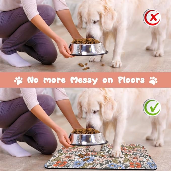 Dog Food Mats for Floors Waterproof, Cat Water Bowl Mats Pet Feeding Absorbent Placemats Flower 17 * 30 inch