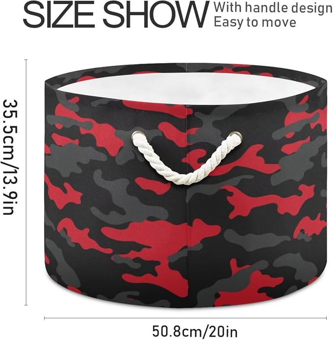 Red Black Camo Print Collapsible Round Storage Basket with Handles | Hunter Camouflage Large Laundry Baskets Hamper, Clothes Organizer Bin for Bedroom Living Room Decor, 20x 20x 14 Inches