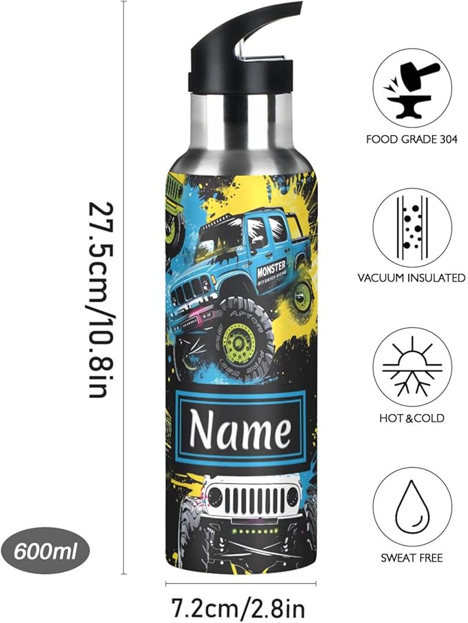 Custom Name Trucks Water Bottle with Straw Lid Kids Insulated Stainless Steel Water Flask Sports, 20 Oz Hot Cold