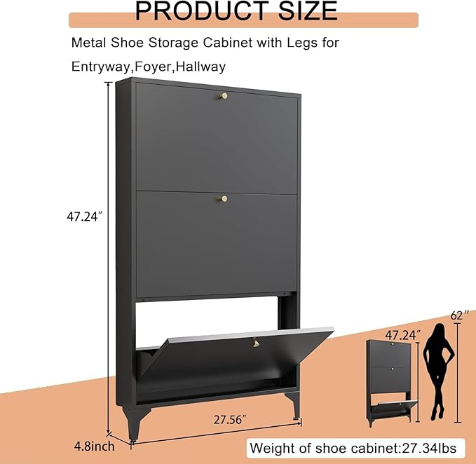 Shoe Cabinet with 3 Flip Drawers, Narrow Shoe Storage Cabinet, Farmhouse Shoe Organizer, Freestanding Organizer with Metal Legs for Entryway, Foyer (Black, 3 Door)