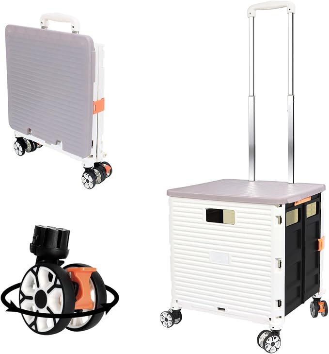 FELICON SELORSS Foldable Utility Cart Folding Portable Rolling Crate-White | Durable,Heavy Duty,Plastic Box,Telescoping Handle,4 Rotate Wheels,Collapsible Handcart for Travel Shop Move Luggage Office
