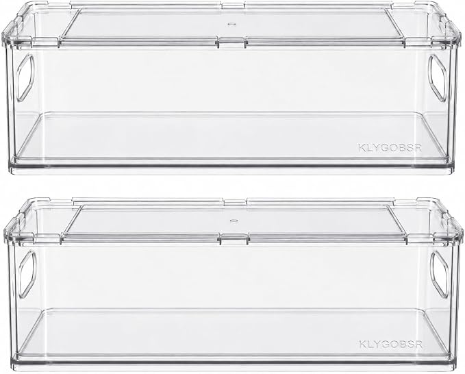 2 Pack Fridge Drawer Pull Out Stackable Bins, 13.4 x 5 x 4.3 in | 3.2 qt Clear Refrigerator Stackable Organizers and Storage Bins, Food-Safe PET Plastic Food Containers for Kitchen Pantry