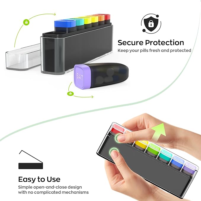 HIONXMGA Weekly Pill Organizer, Detachable 7-Color Pill Box, Easy to Use | Portable Travel Pill Case Container for Daily Medication Easy Track, Privacy Protection, Built-in Quick Fill Design, Black
