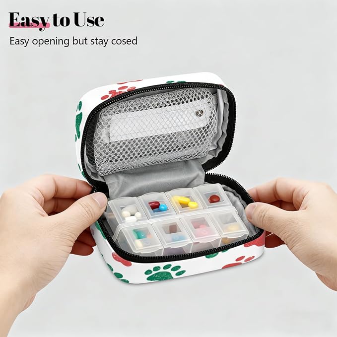 Weekly Pill Organizer Travel Size Bag with Removable 7 Day Pill Box Portable Vitamin Case Purse with Zipper,Red Green Pet Paws White