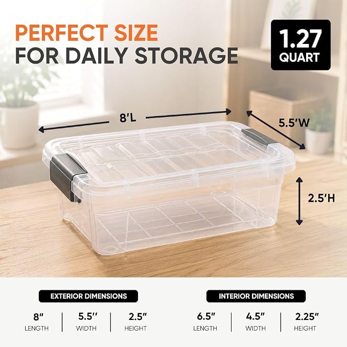 Superio 1.27 Quart Clear Plastic Storage Containers with Lids, Stackable Organizer Bins, BPA-Free Storage Boxes for Home, Office, Dorm & Classroom, 5 Pack
