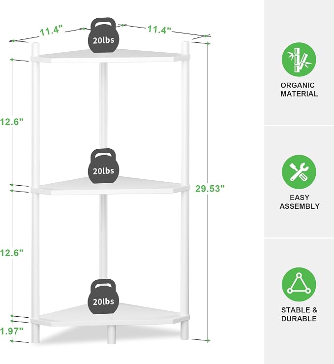 Wisuce White Small Corner Shelf Stand, 3-Tier Bamboo Corner Bookshelf | Space-Saving Narrow Corner Shelf | Bathroom Corner Shelf | Shelves for Bedroom, Living Room, Kitchen & Plant Display