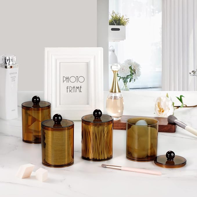 SheeChung 4 Pack Qtip Holder, Amber Acrylic Apothecary Jars for Bathroom | (2) 15oz & (2) 12oz Qtip Holder Set - Shatterproof Bathroom Vanity Organizer for Cotton Swabs,Balls,Pads -Farmhouse Decor