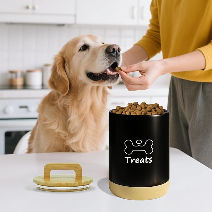 Dog Treat Container Airtight - 5 Inch Wide x 8.7 Inch Black Ceramic Dog Treat Jar for Kitchen Counter, Doggie Cookie Jar with Airtight Bamboo Lid - Farmhouse Style Dog Food Storage Container