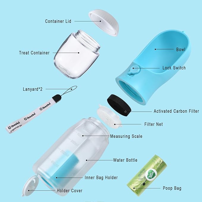 Cibaabo Dog Water Bottle with Food Container & Poop Bag Holder & Filter | Feeding & Hydration & Waste All in One | Travel Puppy Water Bowl | Portable Pet Dispenser | Girl Dog Accessories for Walking