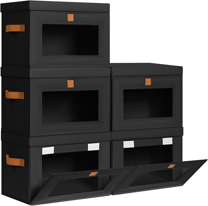 Medium Fabric Storage Bins - Closet Shelf Organizer with Open Window, 5 Pack Closet Baskets for Shelves, Stackable Decorative Boxes for Home, Dorm, Black, 13.7" x 9.8” x 9.8"