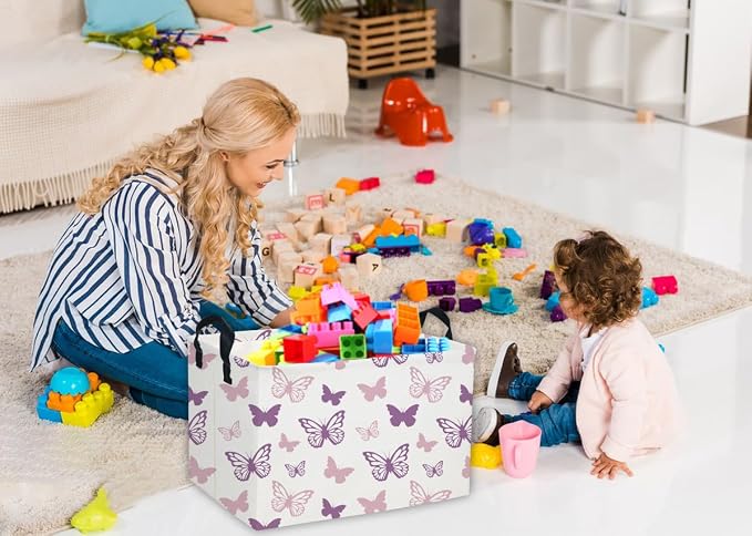 Essme Rectangular Butterfly Baskets,Kids Storage Basket with Handles for Girls Room Decor, Girls Storage Bin（Purple Butterfly）
