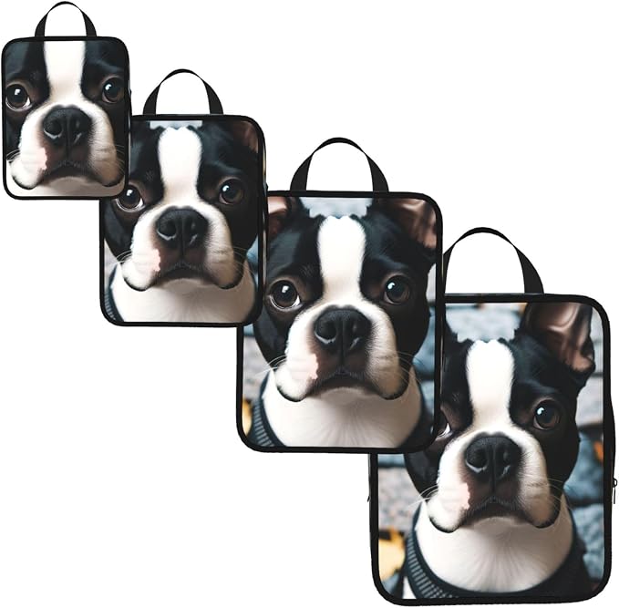 4 Set Terrier-Dog-Pet Compression Packing Cubes | Polyester Fabric, Expandable Design, Double Zipper Compression, Water-Resistant Surface, Travel Organizer Bags For Luggage
