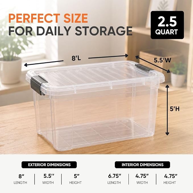Superio 2.5 Quart Clear Plastic Storage Boxes with Lids, Stackable Organizer Containers, BPA-Free Storage Bins for Home, Office, School & Dorm, 6 Pack