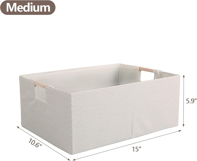 Fabric Storage Bin Box Foldable Cotton Linen Storage Basket with Wooden Handles Rectangular Cube Decorative Home Laundry Organizer Clothes Blanket Container – Beige, Medium | Medium Rectangular Cube Decorative Home Laundry Organizer Clothes Blanket Con...