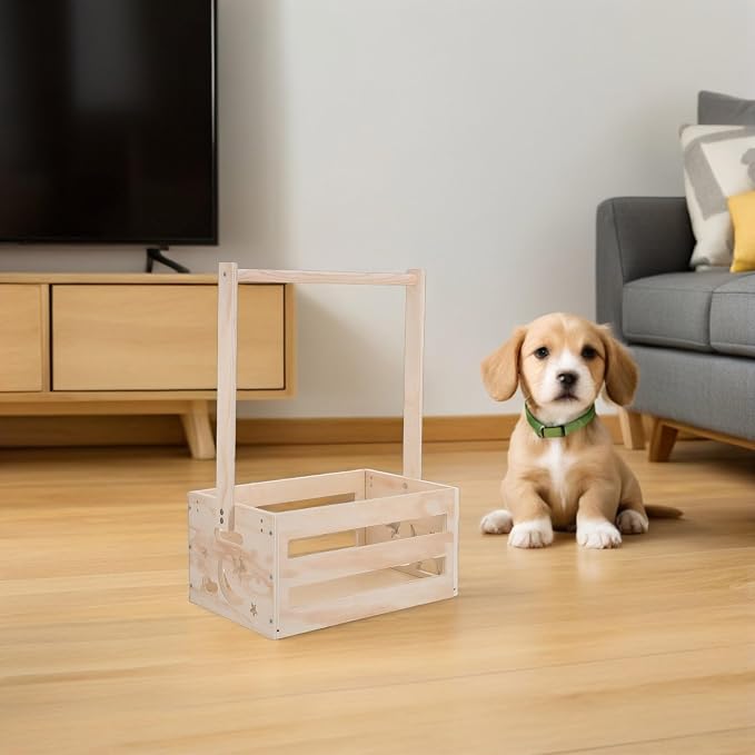 FAVOMOTO Wooden Dog Clothes Rack Pet Closet Organizer with Hanging Rod and Storage Basket, Portable Handle Design for Storage, Upright Vertical Arrangement for Small Homes and Pets Zone