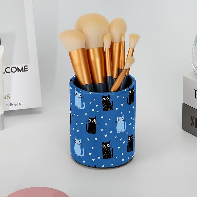 Faux Leather Pen Holder for Desk, Pencil Organizer Cute Cat Pen Cup Desk Decor Makeup Brush Holder Storage for Office Home
