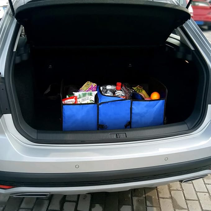 8sanlione Car Trunk Organizer, 3 Compartments, Insulated Section, Blue | For sedans, SUVs, vans, woven fabric shell, side grips, light-item sorting, wipe-clean care, automotive interior accessories