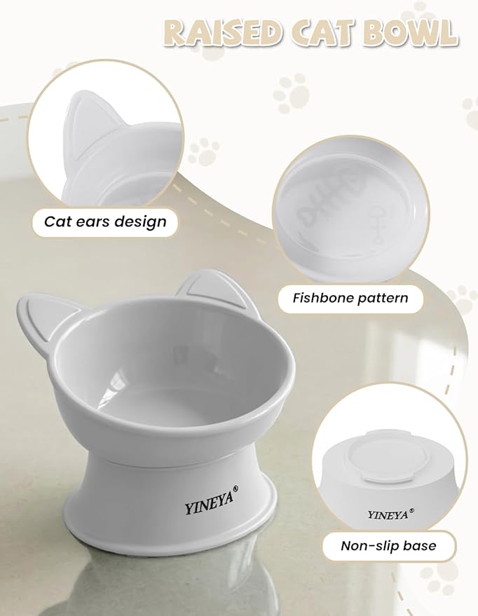 YINEYA Cat Bowls, Cat Food Bowl Elevated to Protect Neck & Anti-Vomit, Whisker-Friendly Raised Food & Water Bowls for Indoor Cats/Small Dogs, Cute Pet Feeding Bowl 6 OZ Each, Dishwasher Safe, White