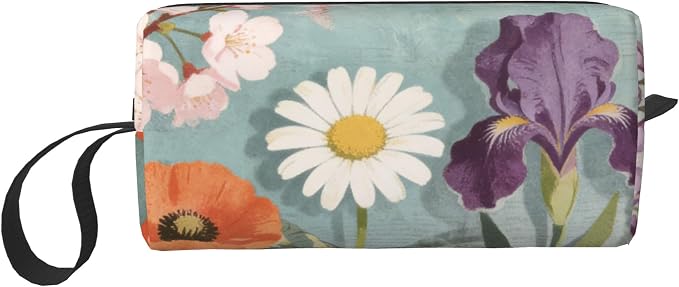 Spring Floral Garden Makeup Bag for Women with Wrist Strap | Durable 600D Oxford Fabric Cosmetic Organizer,Compact Travel Pouch with Handle for Gym & Daily Use
