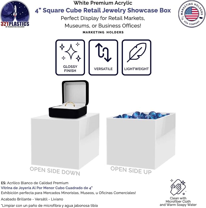 2 Pack 4" Acrylic Display Riser Box with One Open Side No Lid Versatile Glossy White Square Retail Merchandise Storage Bin or Product Platform No Assembly by Marketing Holders