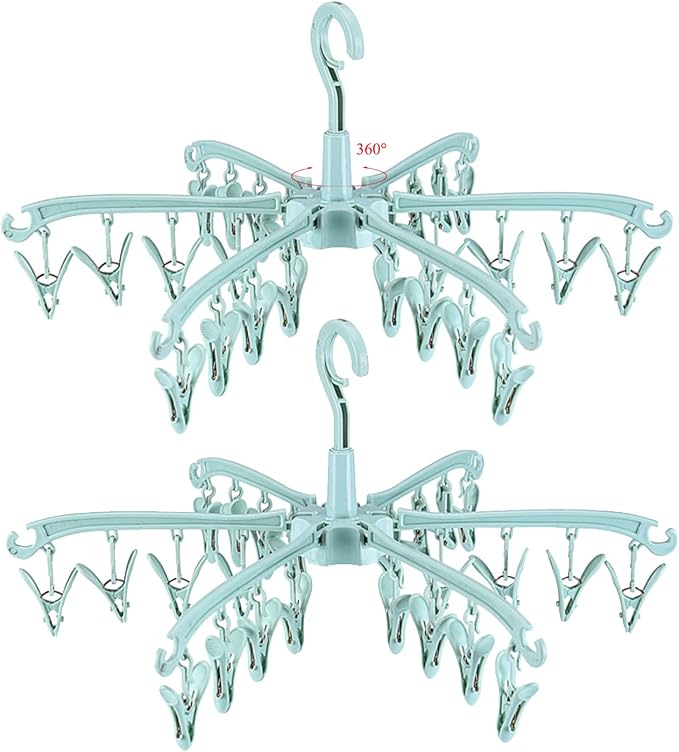 Clothes Drying Hanger with 24 Clips, Foldable Hanging Rack 2 Pack | for Drying Socks Lingerie Baby Clothes Drying Towels Rotatable Sock Drying Rack with 24 Pegs Clips(green)
