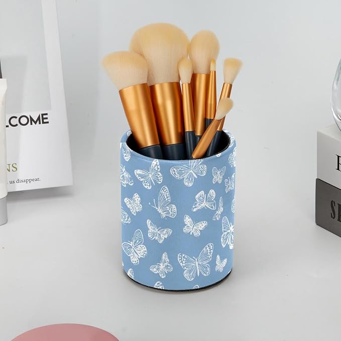 Faux Leather Pen Holder for Desk, Pencil Organizer White Butterfly Pen Cup Desk Decor Makeup Brush Holder Storage for Office Home