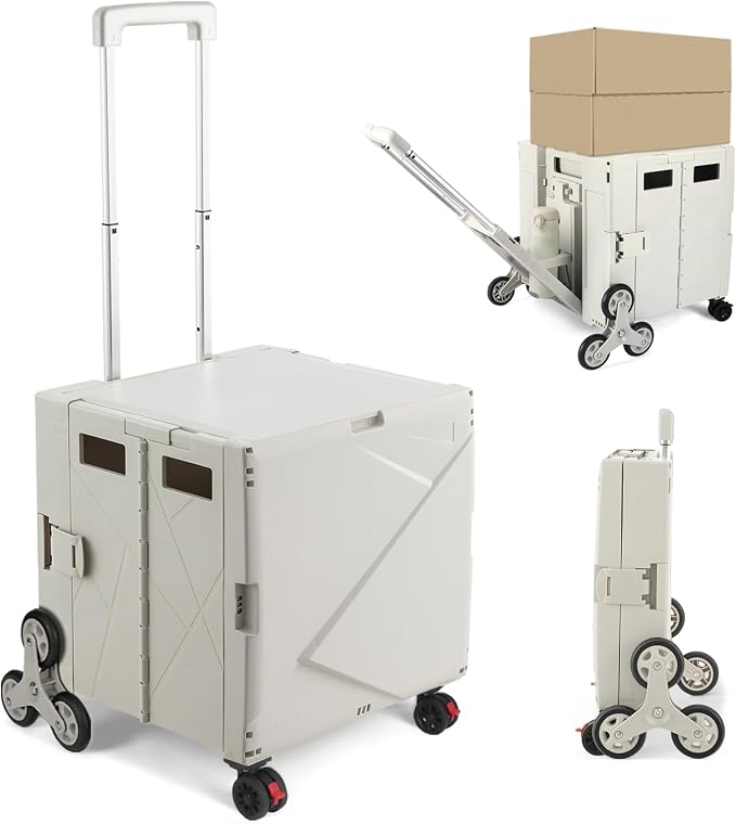 76L Folding Utility Cart Portable Rolling Crate Handcart Shopping Collapsible Tool Box with Stair Climbing Wheels,Hidden Lid,2 Rotate Wheels,for Grocery,Shopping,Office,Storage(White)