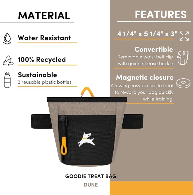 OllyDog Goodie Treat Bag, Dog Treat Training Pouch | Magnetic Closure | 3 Ways to Wear | Hands-Free Waist Belt | Water-Resistant Recycled Vegan Fabric (Dune)