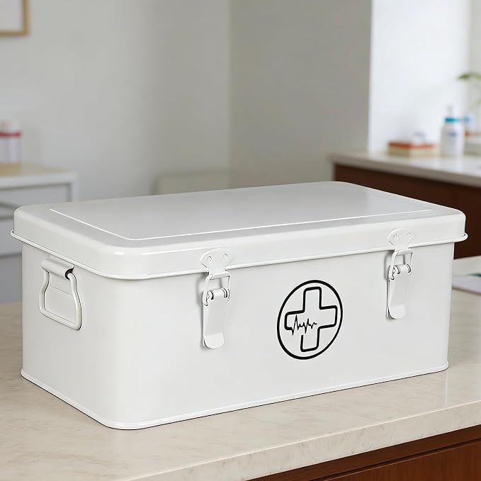 First Aid Box, First Aid Kit Supplies Bin, First Aid Organizer Medicine Storag Box, Metal Storage Box with Safety Lock for Home Emergency Tool Se - White