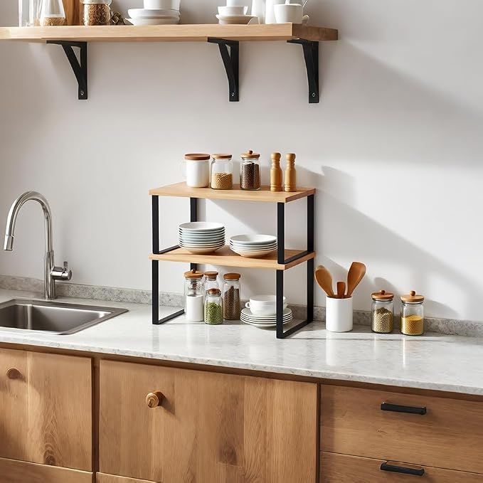 HEY FOLY Kitchen Cabinet Organizer Shelf, Set of 2 Stackable Counter Shelves, Small Wood Cabinet Riser Shelf for Pantry Cupboard Spice Dish Mug Cup, Expandable (Beige & Black, 11.7''W)