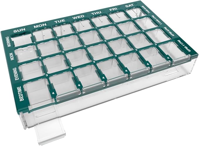 Ezy Dose Pharmadose Weekly 7-Day, 4X/Day Pill Organizer, Green, Medium | 28 Medium Compartment Pill Case, Medicine Planner, Vitamin Organizer with Easy Fill Tray, BPA Free