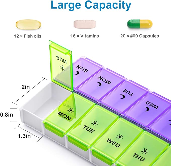 DANYING Extra Large Pill Organizer 2 Times a Day, XL Weekly Pill Box, AM PM Pill Case, Pill Container 7 Day, Vitamin Case Twice a Day, Green & Purple