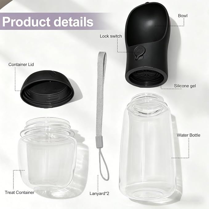 Portable Dog Water Bottle with Food Container, Drinking Bottle for Travel | 2 in 1 Dog Water Bowl, Leak Proof Pet Water Dispenser, BPA Free, Puppy Essentials, for Walking Hiking (Black,19oz)