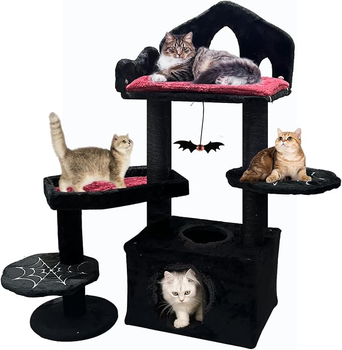 Gothic Cat Tree with Coffin Bed, Cat Tower with Scratching Post, Goth Cat Tower with Spacious Cat Condo Black Cat Tree with Regal Throne Bed, Black Spider Figurine