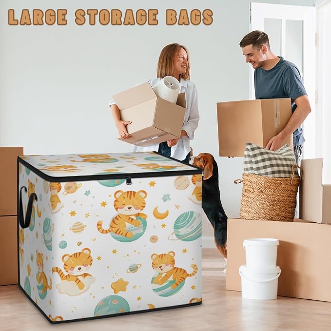 Cute Large Storage Bags, Fabric Bed Storage Containers, Foldable Closet Organizers for Blanket, Clothing, Comforter, Bedding, Cute Tiger