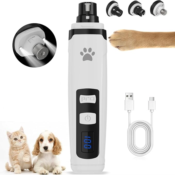 Dog Nail Grinder with 2 LED Lights, Upgraded 2-Speed Rechargeable Pet Nail Trimmer Quiet for Paw Grooming, Powerful Painless Nail Clipper Kit for Small, Medium, Large Dogs & Cats